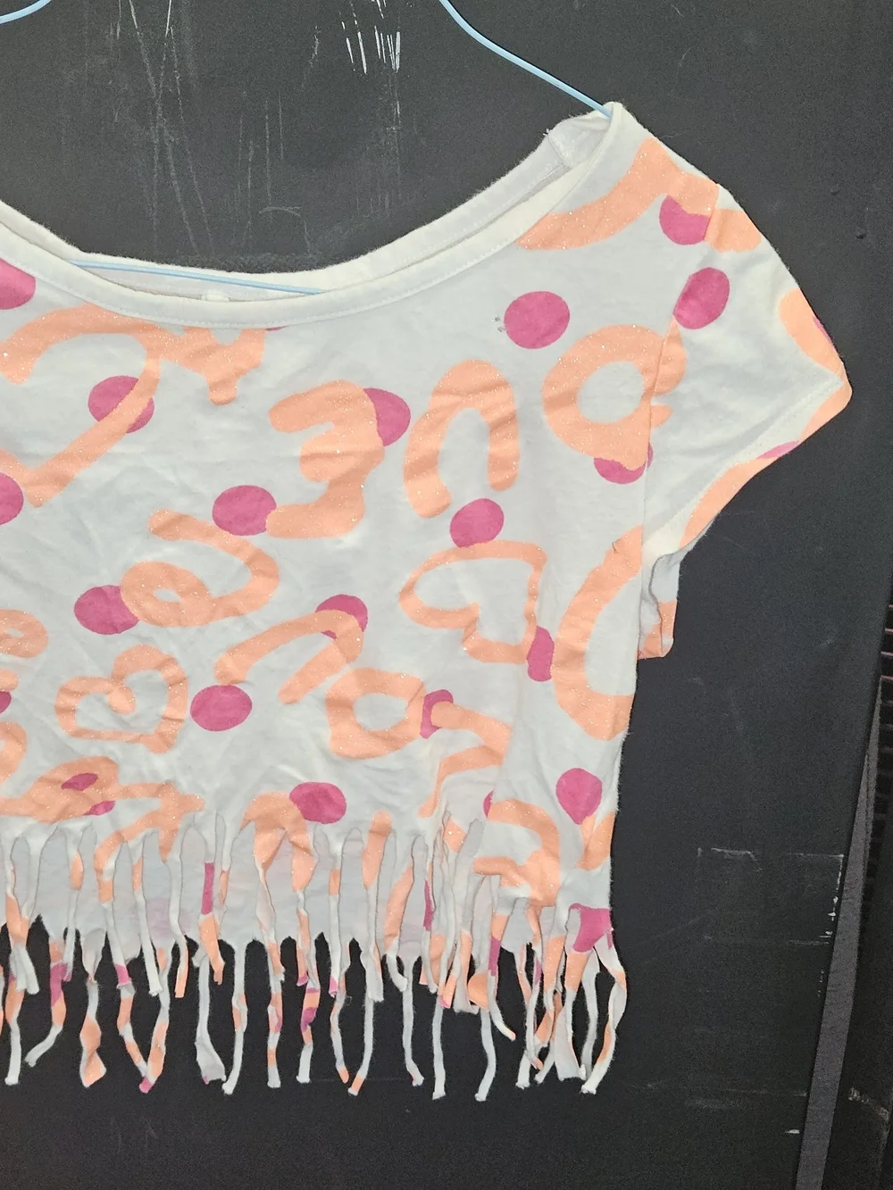 Justice Girls White Fringe Crop Tee with Pink Polka Dots & Peach Hearts Size 10